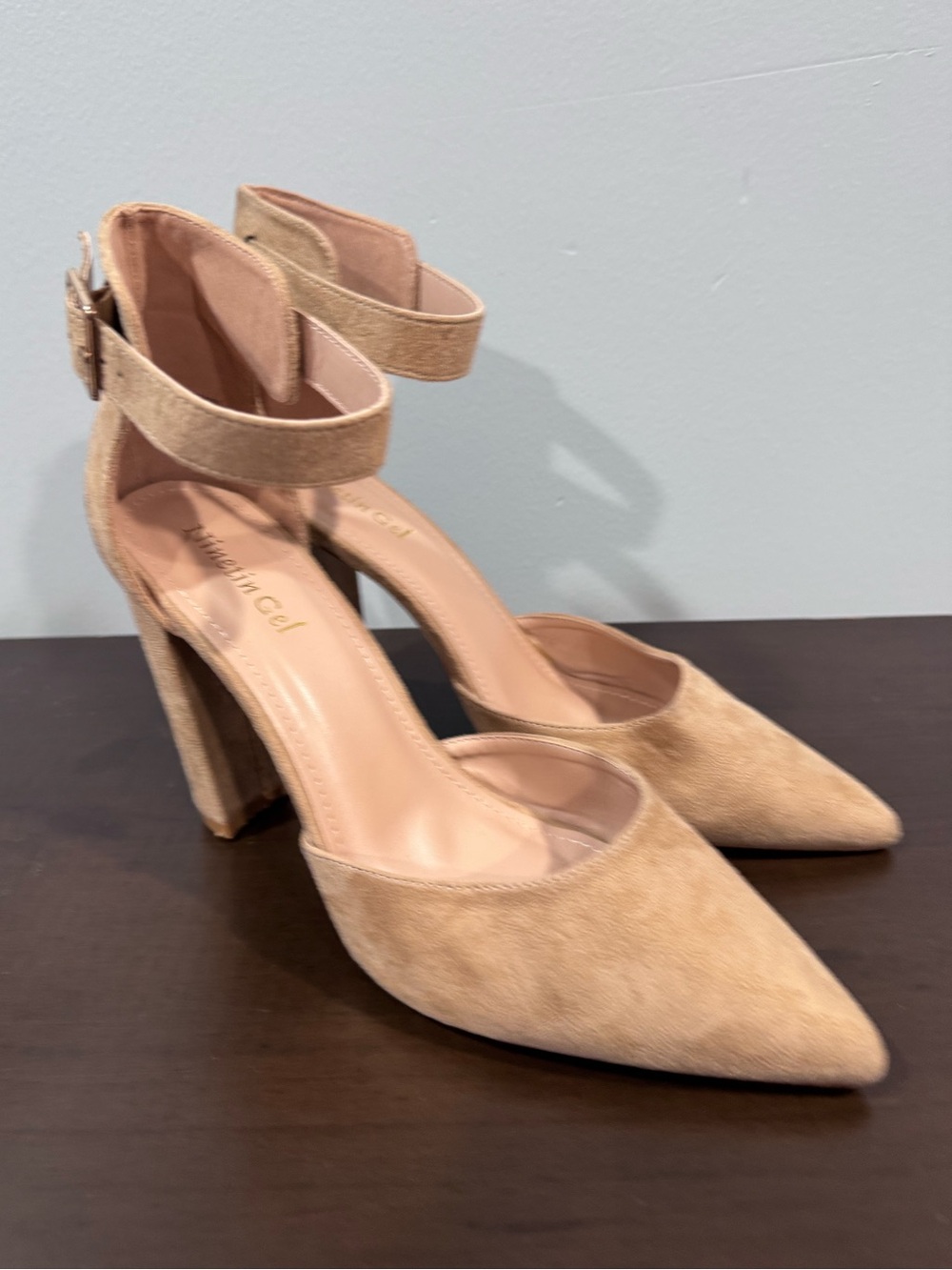 Suede Pointed-Toe Ankle-Strap Camel Pumps